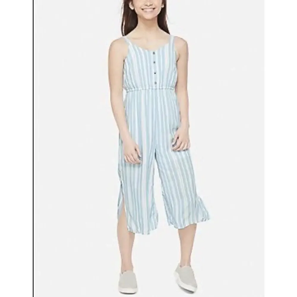 Justice Blue White Striped Quarter Button Jumpsuit